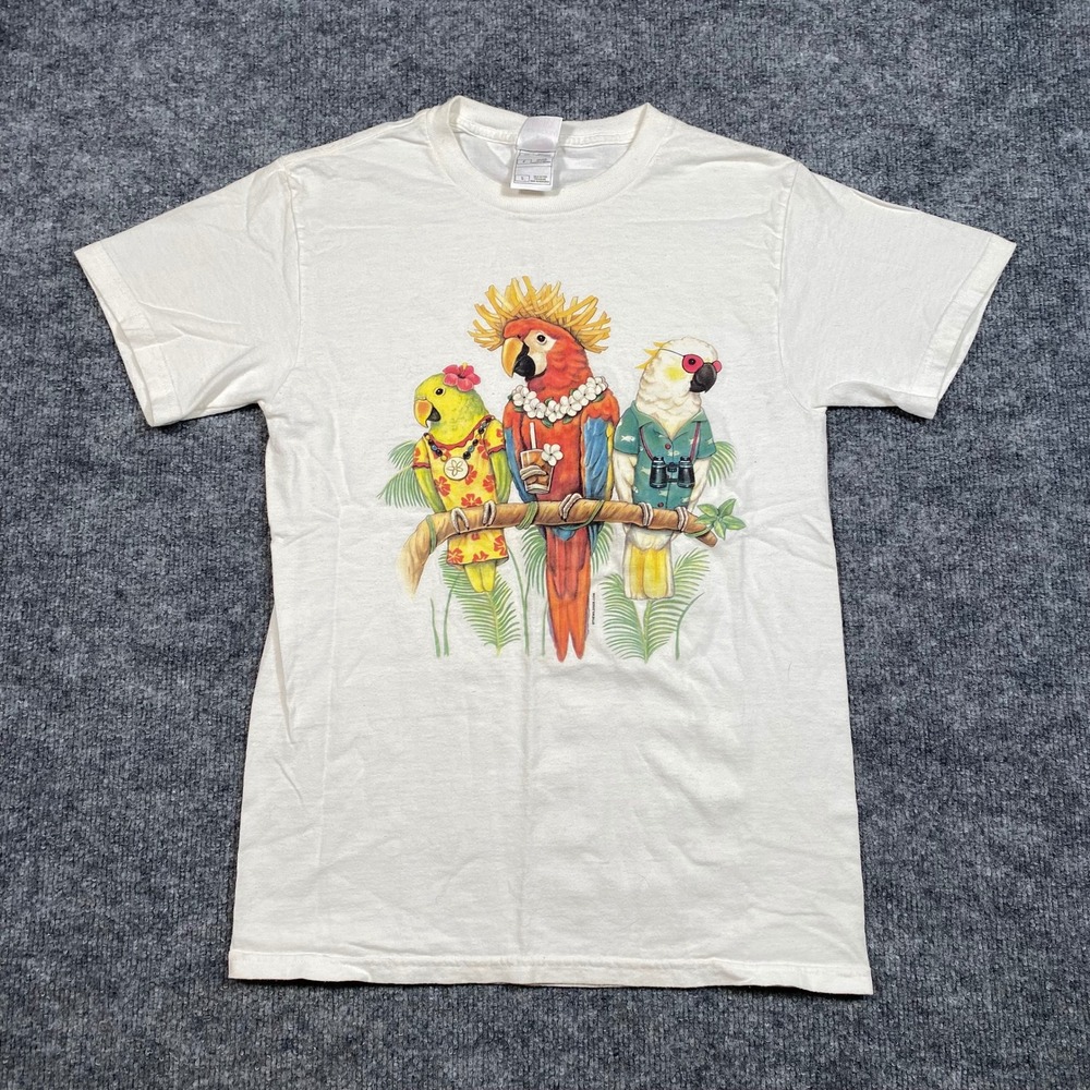 Fruit of the Loom The Wild Side Parrot Tropical Graphic T-Shirt Mens Small White